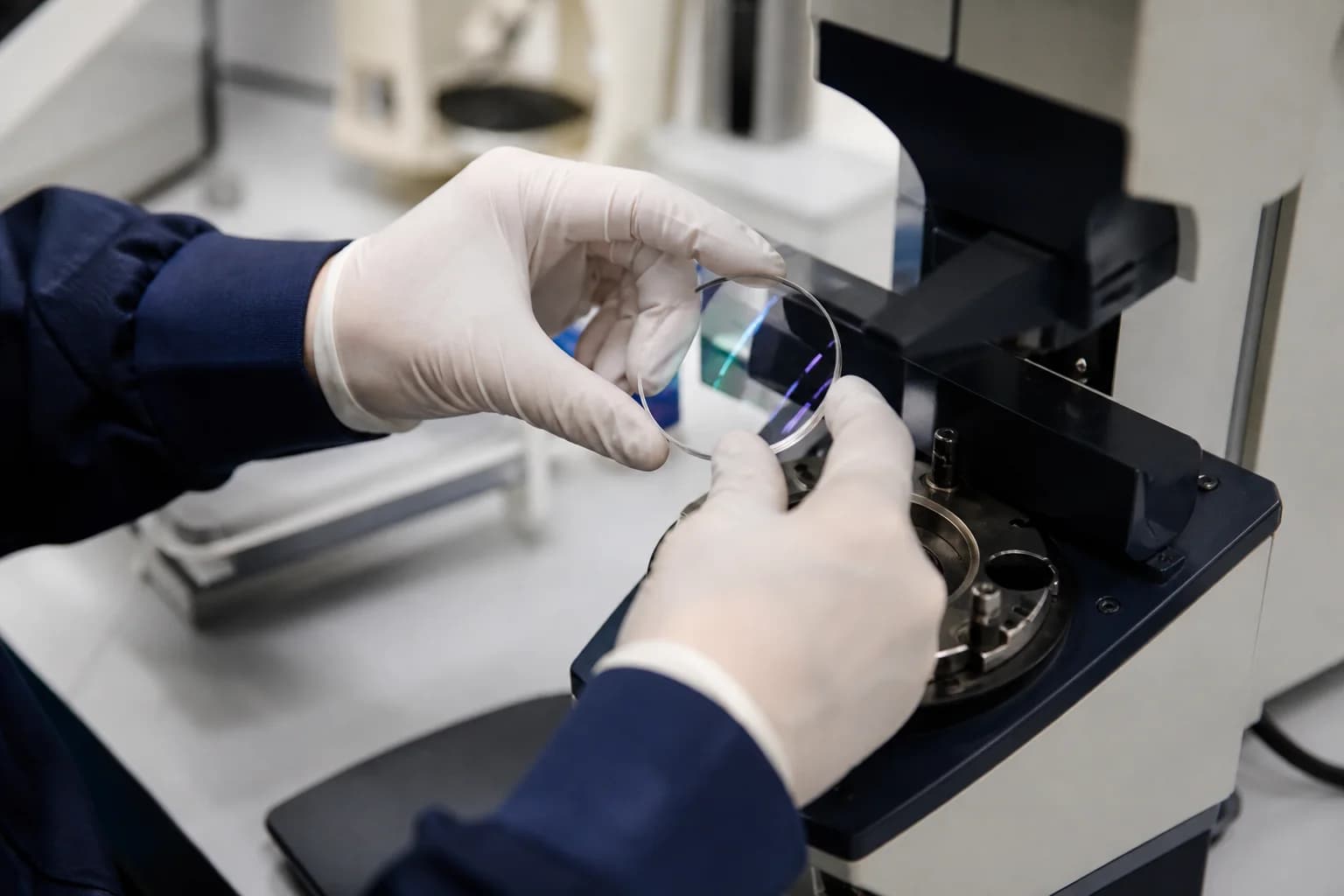 Técnico inspeccionando un lente oftálmico en un instrumento de medición