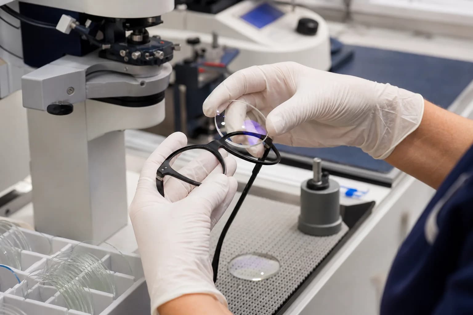 Técnico montando un lente oftálmico terminado en una montura de gafas